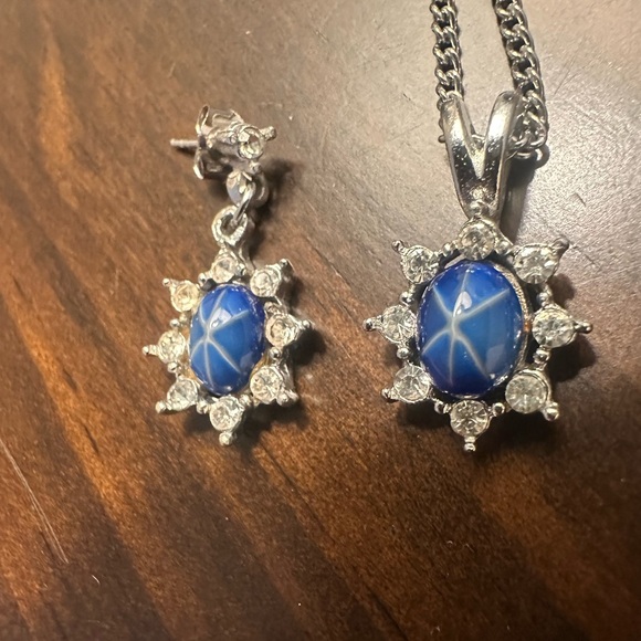 VTG 1970 Faux Blue Star Sapphire Rhinestone 18" Silver Tone Necklace & Earrings - Picture 6 of 6